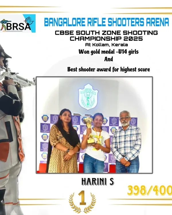 A phenomenal achievement by our student Harini S, who won the gold medal and the Best Shooter award at the CBSE South Zone Shooting Championship with a near-perfect score of 398/400.
