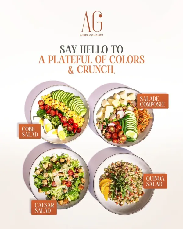 Say hello to a plateful of colors and crunch. My salad bowls, including the Cobb, Caesar, Salade Composée, and Quinoa Salad, are designed to be fresh, flavorful, and full of feel-good fuel.