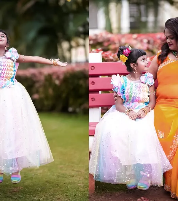 A diptych showing the birthday girl's joyful leap and a quiet, sweet moment with her mother on a park bench. Outdoor shoots allow for this beautiful variety.