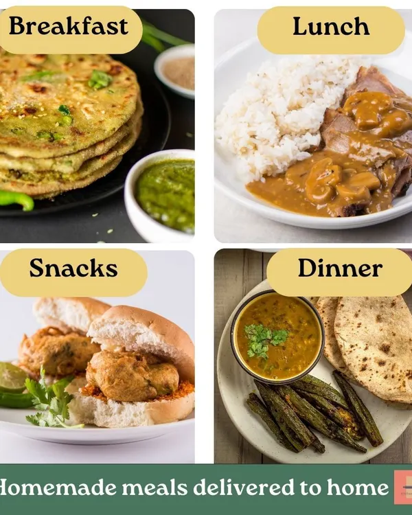 We offer a complete meal solution, from morning to night. This image shows our variety: stuffed parathas for breakfast, a hearty curry with rice for lunch, vada pav for a snack, and a light dinner of dal, bhindi, and roti.