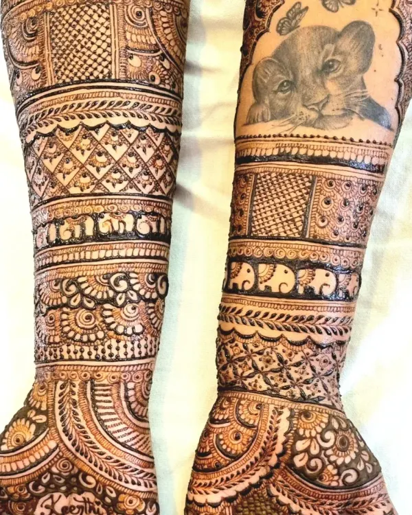 Your mehndi should tell your story. This bride was a huge fan of The Lion King, so I incorporated a portrait of Simba into her full bridal henna. I can add any custom motif that is special to you.