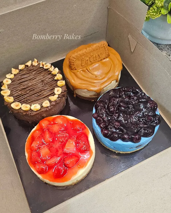 An assortment box of my mini cheesecakes. This one includes Nutella Hazelnut, Biscoff, Blueberry, and Strawberry flavors.