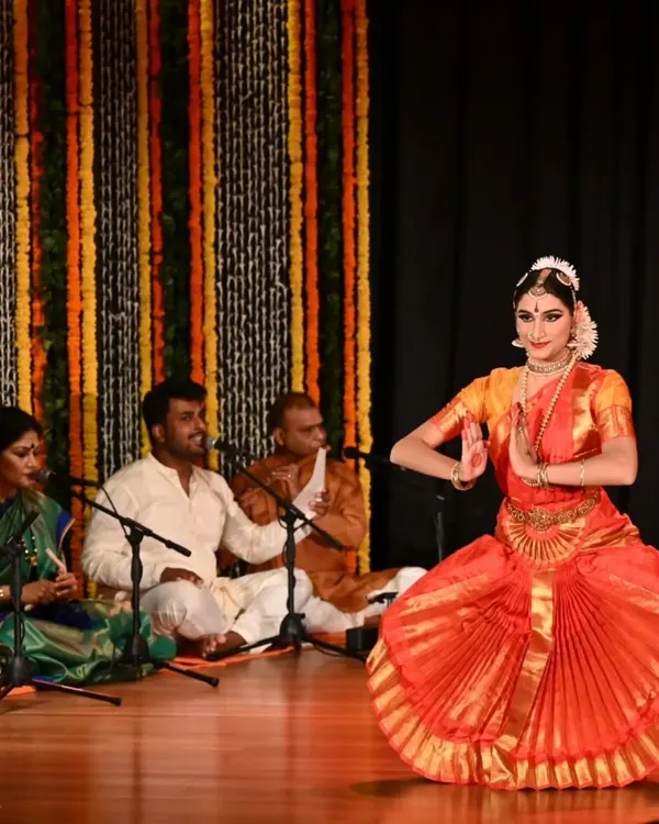 My student Kavya Navani in a moment of grace during her arangetram. The performance is a dialogue between the dancer and the live musicians, creating a truly immersive experience for the rasikas.