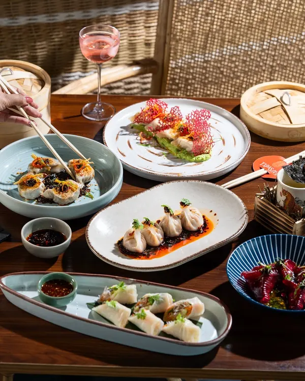 A beautiful spread of modern Asian appetizers. This shot is designed to showcase the artistry and variety of a tasting menu.