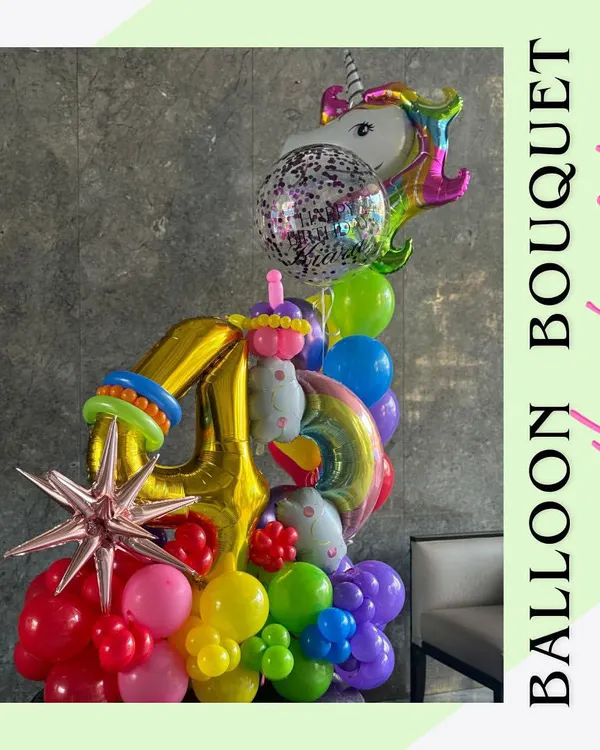 For the unicorn-obsessed kid, this magical unicorn and rainbow themed number bouquet is a dream come true. It's perfect for a 4th birthday celebration.