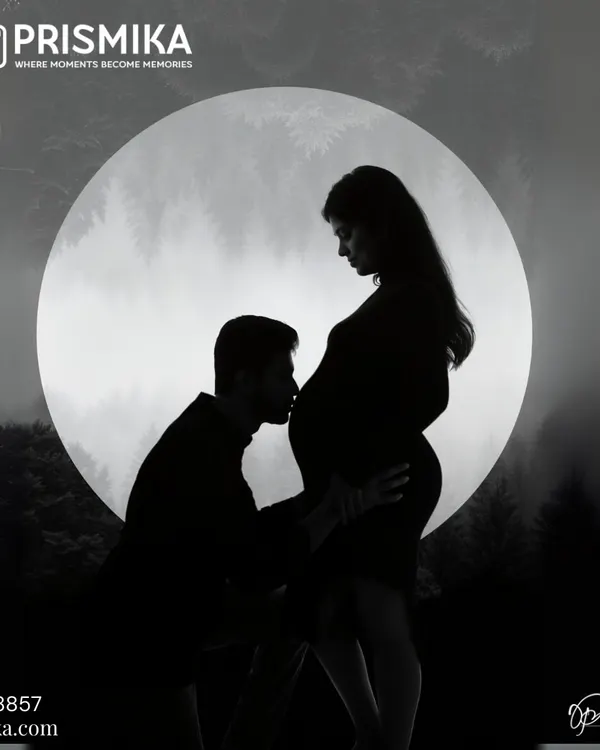 Hero Item. This is the kind of art we love to create. This silhouette portrait captures a quiet, intimate moment of anticipation against a magical moonlit backdrop, symbolizing the world of love you are building for your little one.