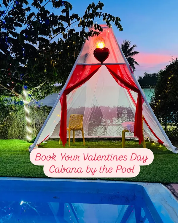 Love is in the air, and at the pool. Our special Valentine's Day cabana setup is perfect for a romantic date night with your partner and your pet.