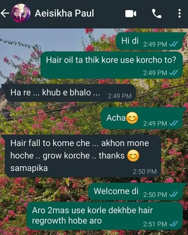 This message made my day. A customer confirming that her hair fall has reduced and she can see new growth. This is the result of using my Rejuvenating Hair Oil consistently.