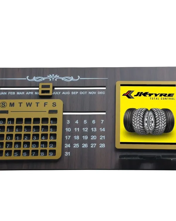 A custom wooden lifetime calendar designed for JK Tyre. This perpetual calendar is a durable and elegant desk accessory that serves as a constant brand reminder.