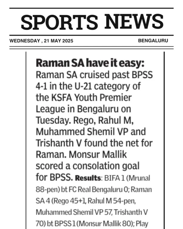 Making headlines in the Times of India. A news clipping reporting on our U-21 team's comfortable 4-1 victory in the KSFA Youth Premier League.