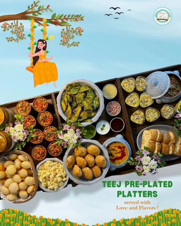 My Teej pre-plated platters are a tribute to tradition, filled with festive flavors. This overhead shot shows a variety of chaat, snacks, and sweets, beautifully arranged and ready to make your celebration effortless and delicious.