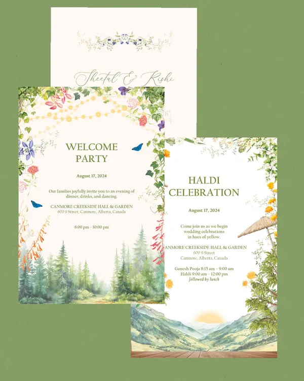 A set of illustrated cards for a wedding in Canmore, Canada. I painted the stunning mountain forests for the Welcome Party card and a sunny valley scene for the Haldi Celebration, giving each event its own unique landscape.