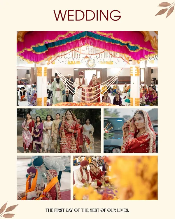 A collage capturing the essence of a Sikh wedding, from the Anand Karaj ceremony in the Gurudwara to the bride's grand entrance.