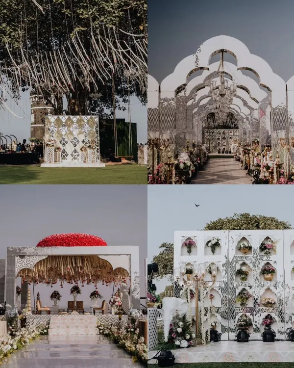 A collage showcasing the breathtaking decor from Eesha and Tarun's wedding events, from the mirrored entranceway to the grand mandap.