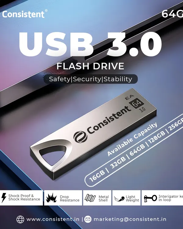 Our 64GB USB 3.0 flash drive features a sleek metal shell that is both shock-proof and drop-resistant. It's a lightweight and reliable way to carry your important files, available in capacities from 16GB to 256GB.