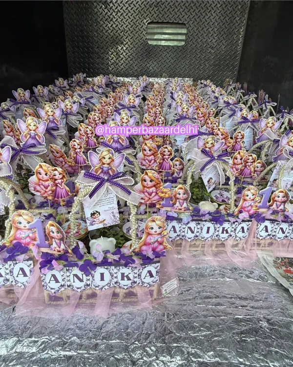 A whole army of lavender pink theme hampers ready for Anika's first birthday! We love handling bulk orders for return gifts and ensuring every single hamper is perfect.