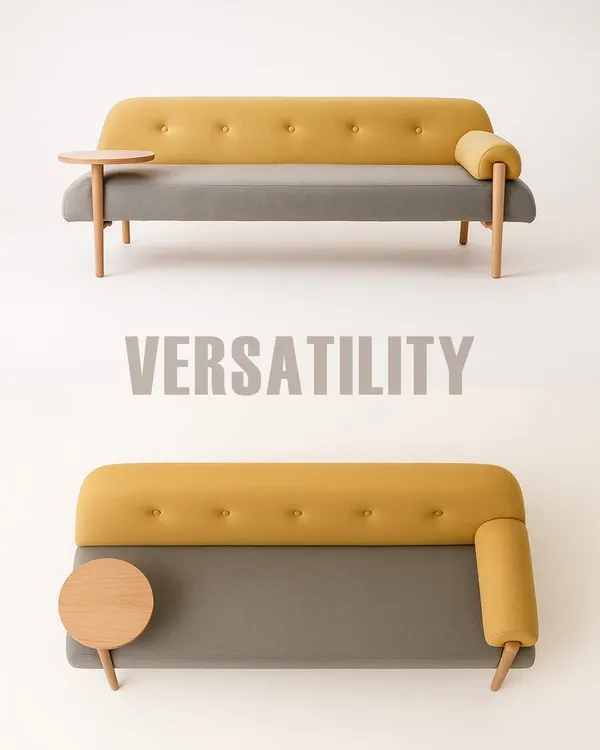 This versatile sofa features a two-tone design with an integrated wooden side table. It's a perfect example of how I fuse comfort, function, and modern aesthetics in one piece.