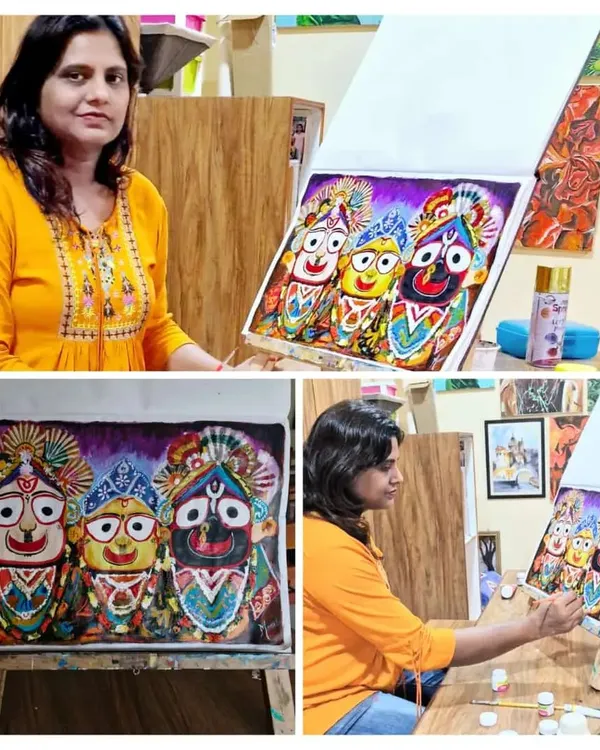 A collage showing the process and the final version of my Sri Jagannath ji painting. Created with acrylics on paper, this piece captures the vibrant and divine presence of the deities.