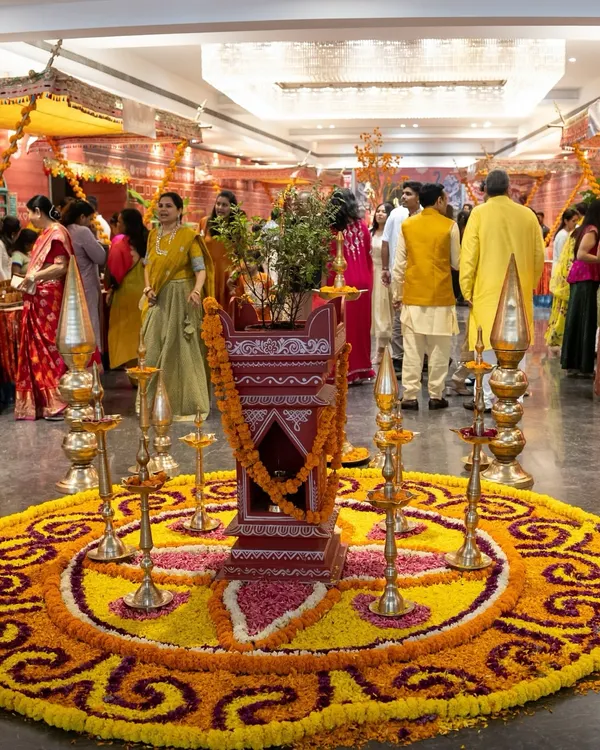 A beautiful Janmashtami celebration we catered, featuring a stunning floral rangoli and a traditional Tulsi plant centerpiece. We take pride in creating atmospheres that honour the spirit of every festival.