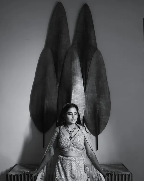 A stunning black and white bridal portrait of Richa. Monochrome photos often highlight emotion and form, creating a timeless and artistic feel.