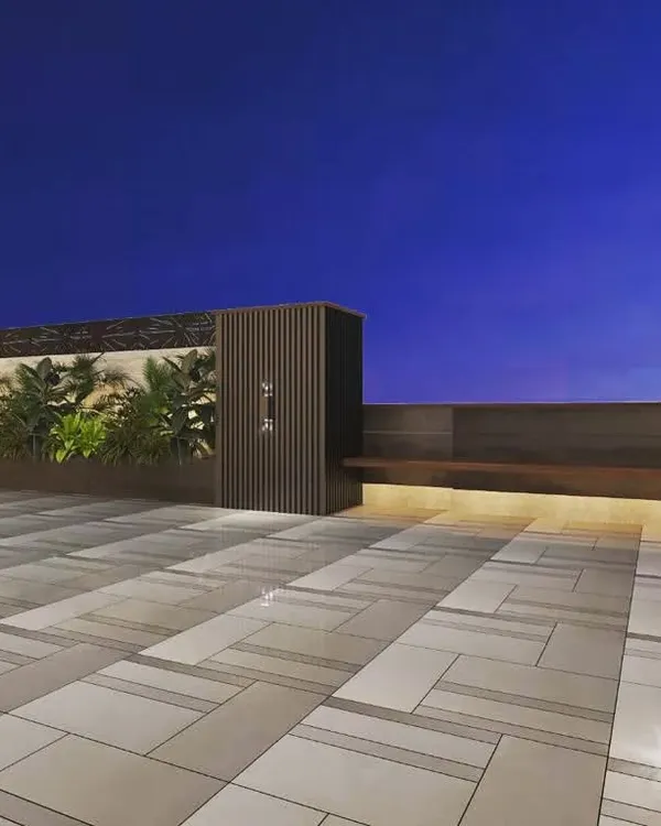 This 3D render shows our plan for a minimalist terrace with clean lines. It features a built-in bench, subtle planters, and sleek flooring, all visualized for client approval before work begins.