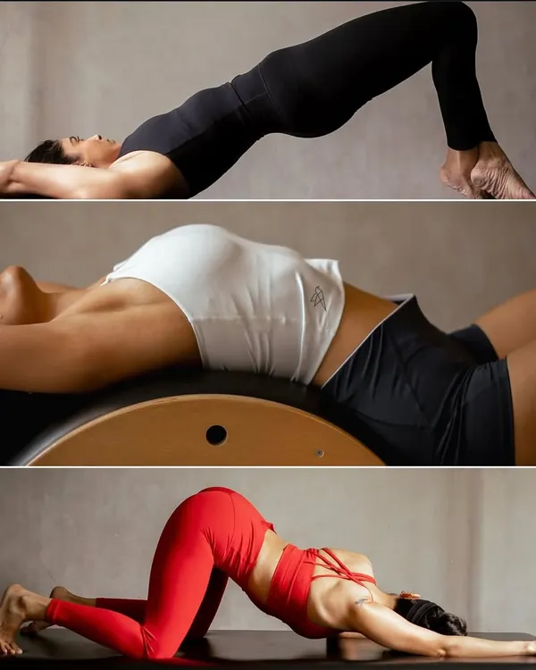 This collage shows the versatility of mat-based Pilates. From a simple bridge for glute activation to a deep child's pose for recovery, we work on strength and flexibility in equal measure.