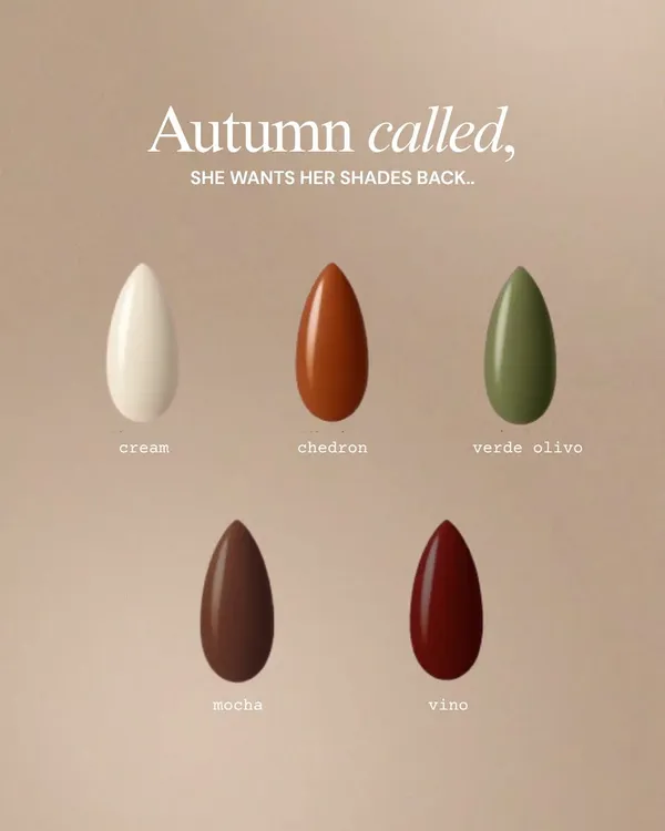 Autumn called, she wants her shades back. This shade card shows five perfect colors for the season, from cream and mocha to a deep vino red.