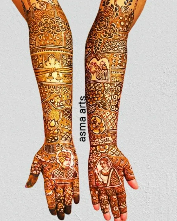 A stunning full-arm bridal design with detailed portraits of the bride and groom on the palms, surrounded by intricate traditional patterns.