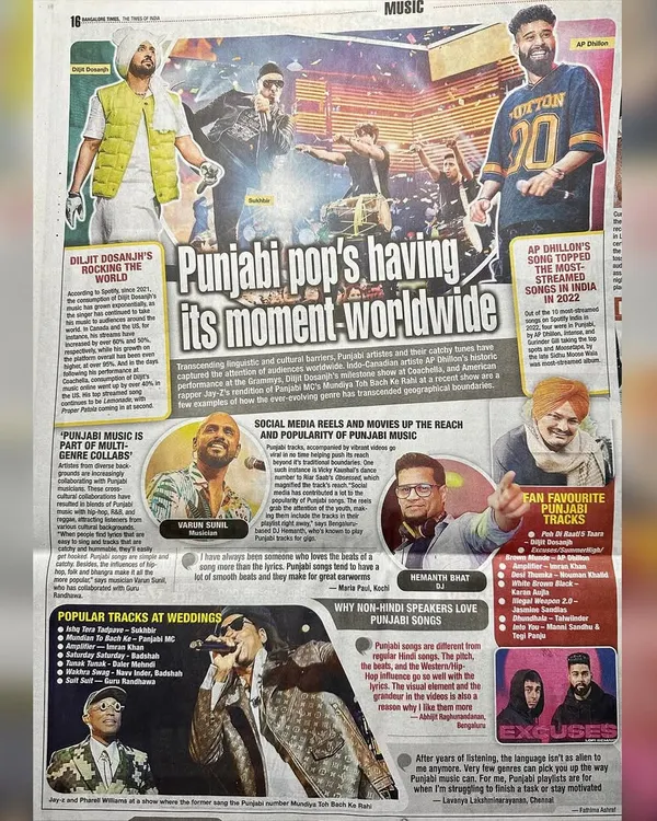 I was happy to be featured in this Bangalore Times article about the global rise of Punjabi pop music. It's a movement I'm proud to be a part of.