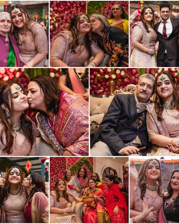 A wedding is incomplete without the love of family. This collage is filled with heartwarming moments of the bride sharing kisses and hugs with her parents, grandmother, and friends during her Mehendi ceremony.