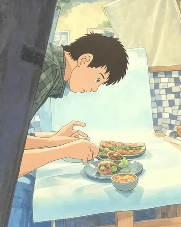 An illustration capturing the careful process of styling fresh spring rolls. This Ghibli-style art reflects our attention to detail and the hands-on nature of our work.