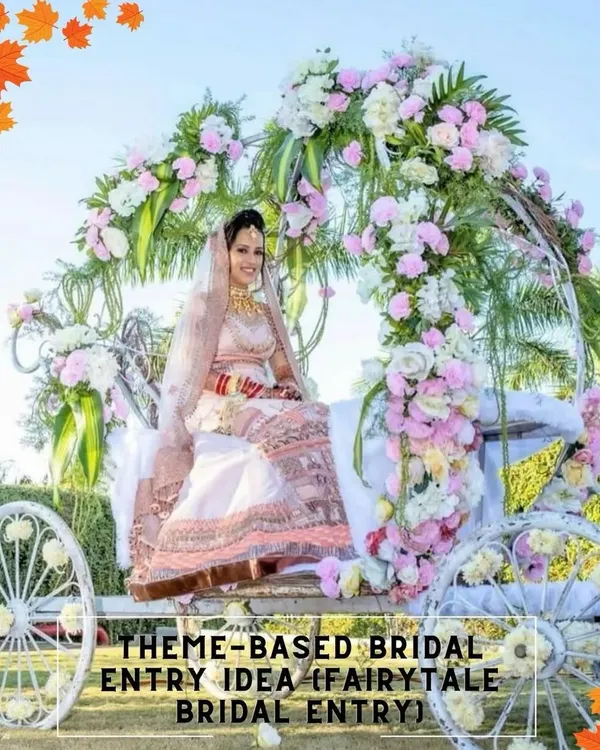 A fairytale bridal entry idea. The bride arrives in a beautiful white carriage adorned with pastel flowers, perfect for a romantic, dreamy wedding.