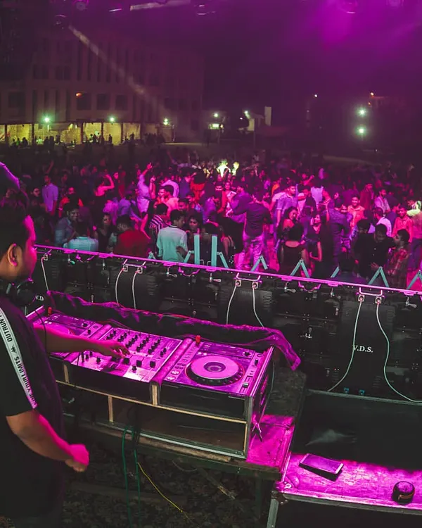 A shot from behind the console at Muzaffarnagar Medical College. Seeing a sea of students completely lost in the music is the ultimate reward for any campus DJ performance.