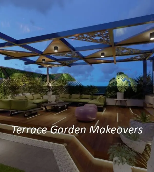 A complete outdoor living concept, this design features a large pergola with a patterned roof, integrated lighting, and comfortable, expansive seating. It’s a perfect example of how we can turn a rooftop into a luxurious entertainment area.