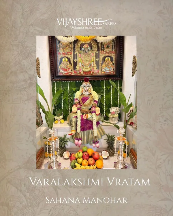 We are blessed to see our saree adorning the deity during the Varamahalakshmi Vratam celebrations at Sahana Manohar's home. A beautiful display of devotion and tradition.