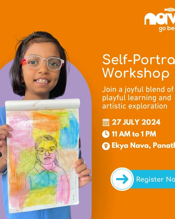 A young girl proudly displays the colorful self-portrait she created during our workshop. These sessions are a joyful blend of playful learning and artistic exploration, designed to boost confidence and self-expression.
