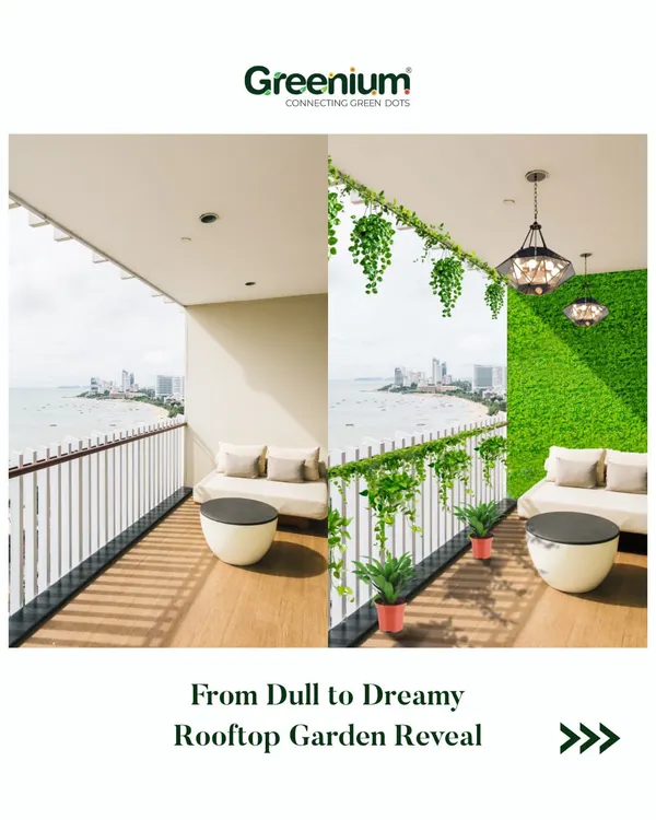 From dull to dreamy, this before and after shows a complete balcony overhaul. We added a vibrant green wall, hanging artificial creepers, and elegant lighting to create a stunning seaside escape.