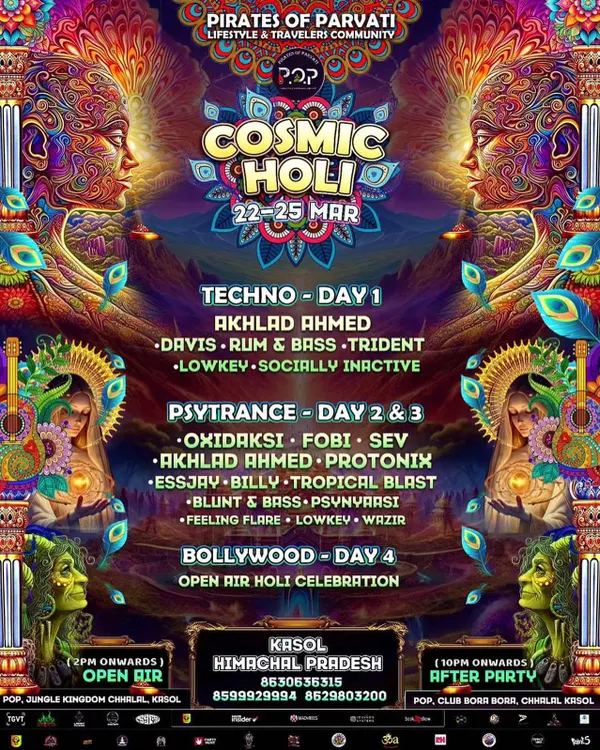 The full lineup for Cosmic Holi, a multi-day festival in Kasol. I was on the psytrance stage alongside international heavyweights like Oxidaksi and Fobi.