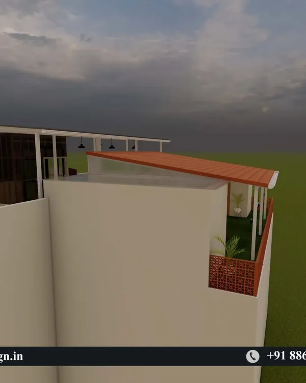 This is where it all begins. A 3D render showing the initial concept for a rooftop transformation, including a tiled-roof pergola and a separate lounge area. This helps clients visualize the layout and scale.