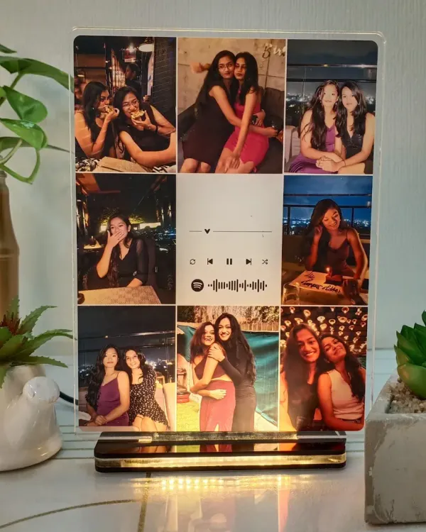 A beautiful way to display your favorite moments with friends. This illuminated acrylic frame features a collage of nine photos and a scannable Spotify code for your friendship anthem.