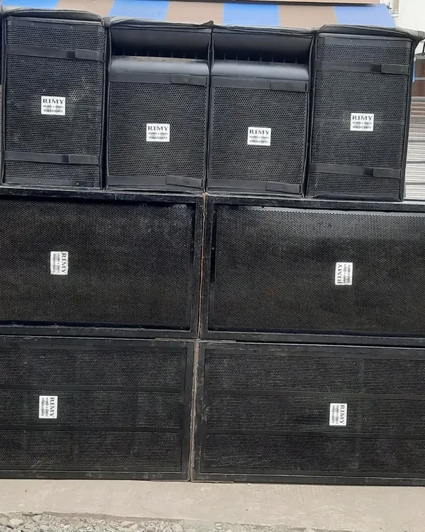 A stack of my professional speakers, ready to be deployed for an event. Using multiple speakers and subwoofers ensures that the sound is powerful and clear, whether your event is indoors or outdoors.