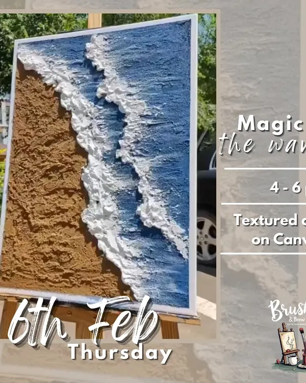 The magic of the waves, captured with texture. This large canvas shows how you can use palette knives and paste to create a realistic, 3D beach scene.