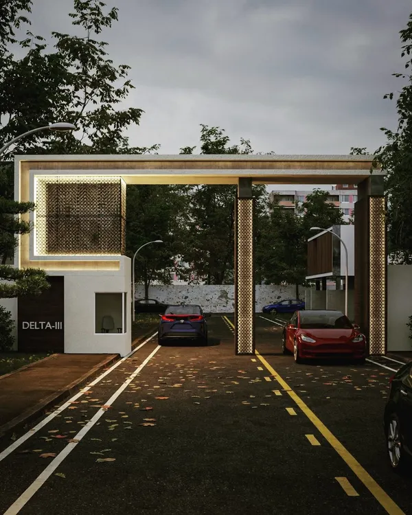 A 3D render of a modern entrance gate design for a residential society in Delta, Greater Noida. This concept features illuminated pillars and a perforated metal screen, blending security with sophisticated architectural design.