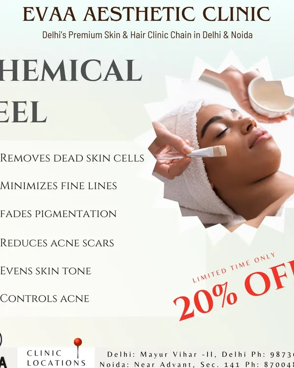 This graphic highlights the key results of a chemical peel, including removing dead skin cells, minimizing fine lines, fading pigmentation, and controlling acne.