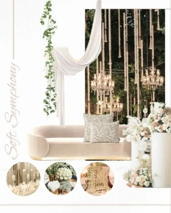 From moodboard to mandap. This image shows how my initial concept of a "Soft Symphony" in ivory and peach was translated into the final, elegant wedding design.