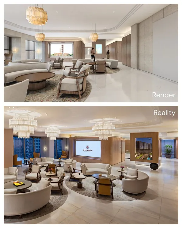 A render-to-reality comparison of a luxurious lounge space. This image demonstrates how we translate the intended mood, from the soft glow of the chandeliers to the arrangement of the curvilinear seating, into a built environment with high fidelity.