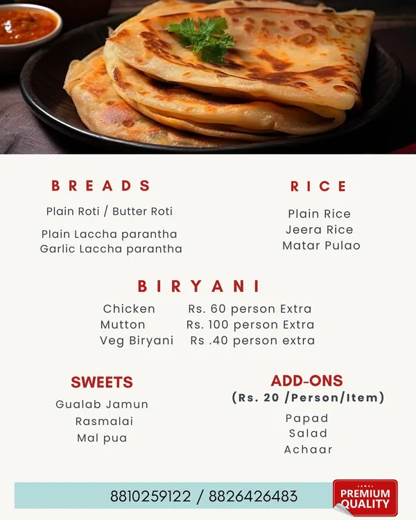 Our catering menu for breads, rice, biryani, and sweets. We offer options like Laccha Parantha, Matar Pulao, and Gulab Jamun to complete your party meal.