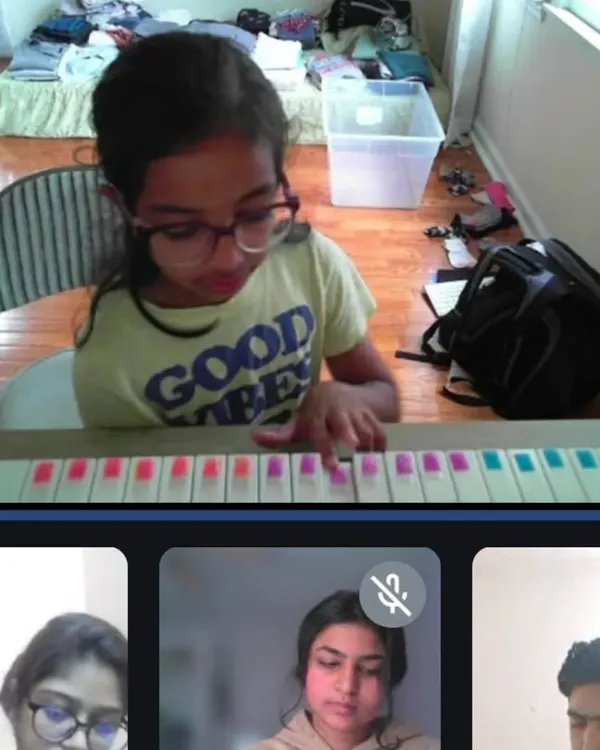 A screenshot of our combined offline and online class in session. We have special batches for our students in the USA, teaching vocals, guitar, and piano.