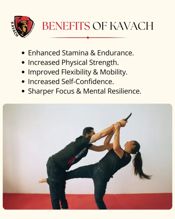 A dynamic demonstration of a knife defense technique, highlighting the physical benefits of Kavach training like improved flexibility and strength.