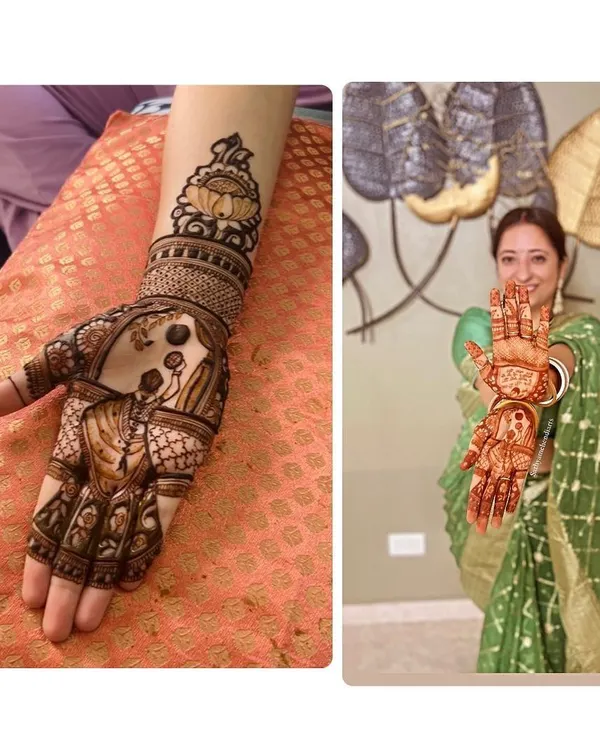 A happy client showing off her Karwa Chauth mehendi. The design features a woman holding a sieve, a classic symbol of the festival, created with my organic henna.